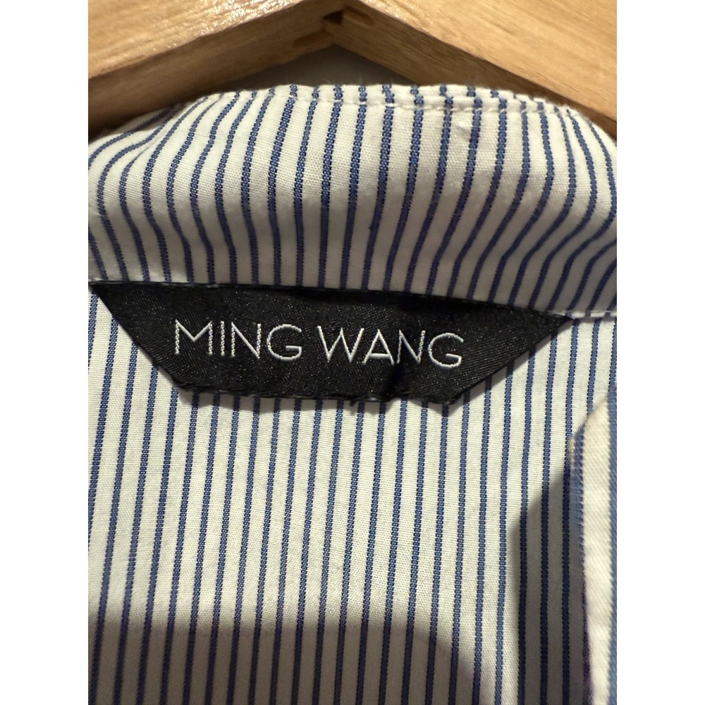 Ming Wang Striped Button Up Top Women Sz L Gray White Long Sleeve Peplum - Picture 3 of 5